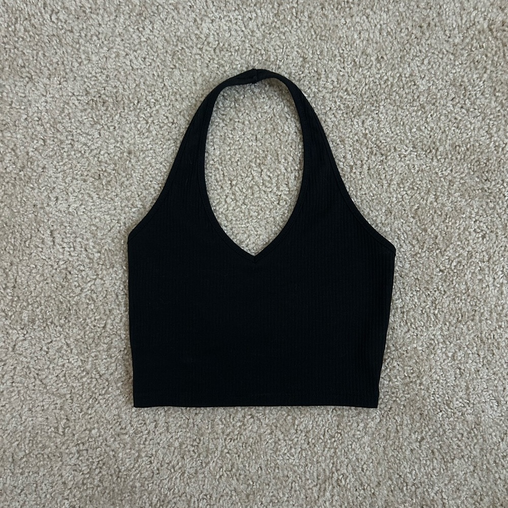 Black Ribbed Halter Tank Top